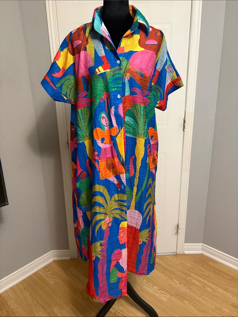 Colorful Tropical Print Button-Front Dress | Fits Approx. Size 14–18